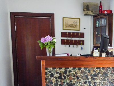 En reception eller entré med en disk dekorerad med stenar, en dörr, och nyckelkrokar på väggen. En vas med rosa blommor står på disken.