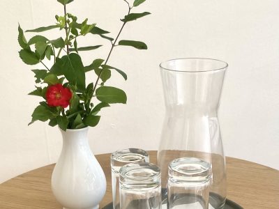 En vit vas med gröna kvistar och en röd blomma, bredvid en karaff och tre glas på en bricka, placerade på ett träbord.