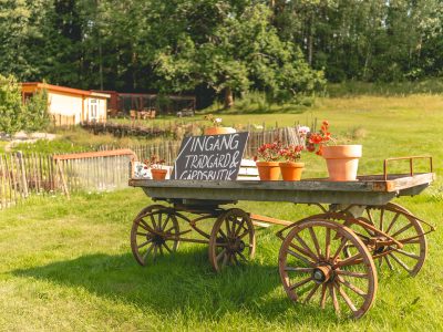 En gammal trävagn med stora hjul står på en grön gräsmatta. På vagnen finns krukor med blommor och en svart skylt som texten "Ingång Trädgård & Gårdsbutik". I bakgrunden syns träd och en byggnad.