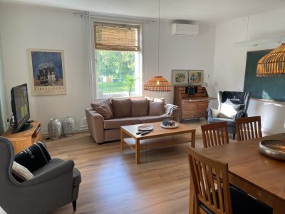 Ett ljust inrett vardagsrum med en brun soffa, ett träbord och stolar, TV, och konst på väggarna.