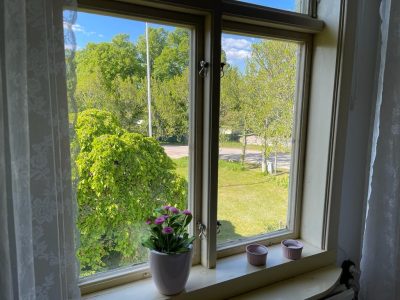 Utsikt genom ett fönster med vita gardiner som visar ett grönskande landskap och träd under en blå himmel. På fönsterbrädan står en rosa blomkruka och två ljuskoppar.